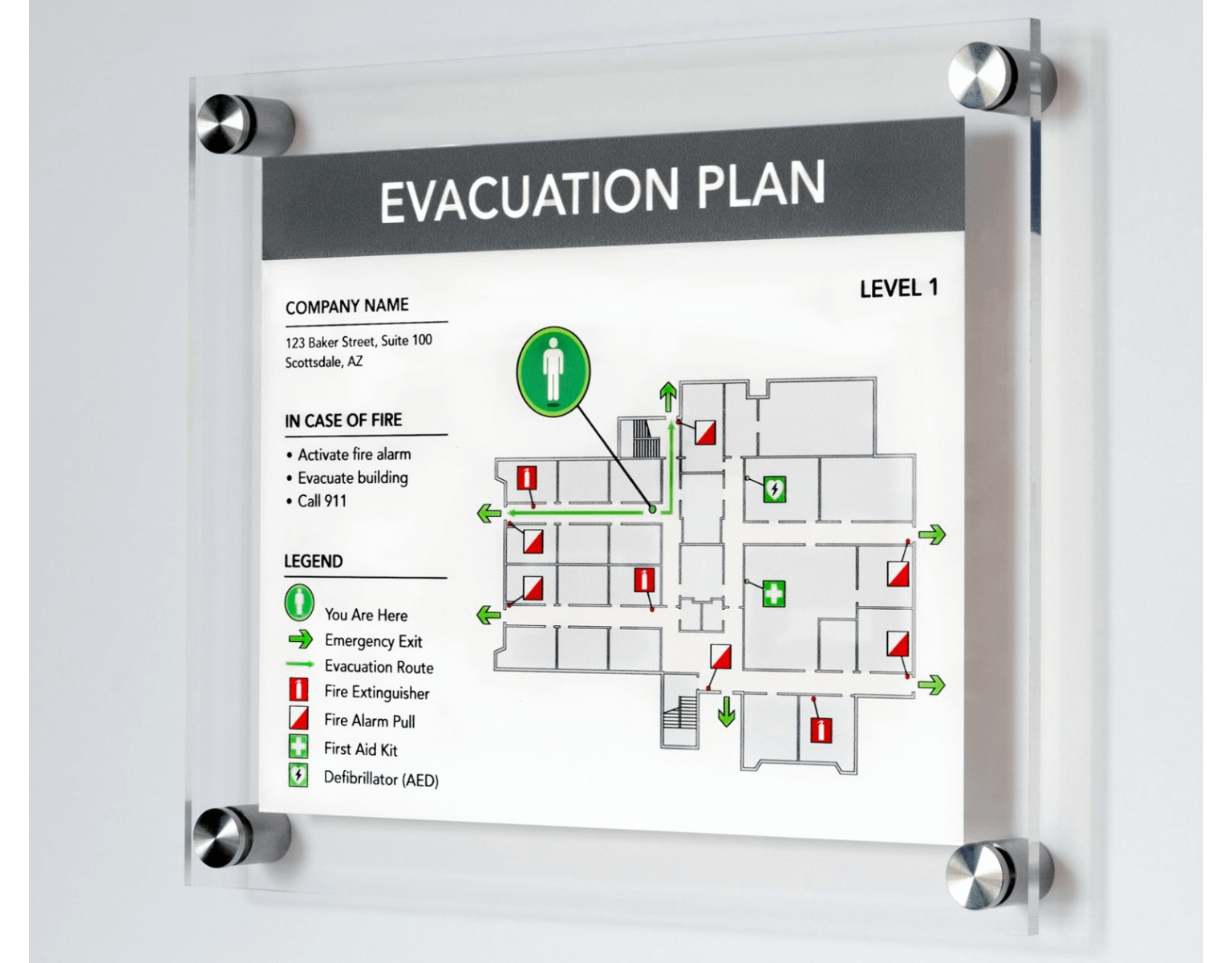 Premium acrylic wall-mounted evacuation plan with stainless steel standoffs