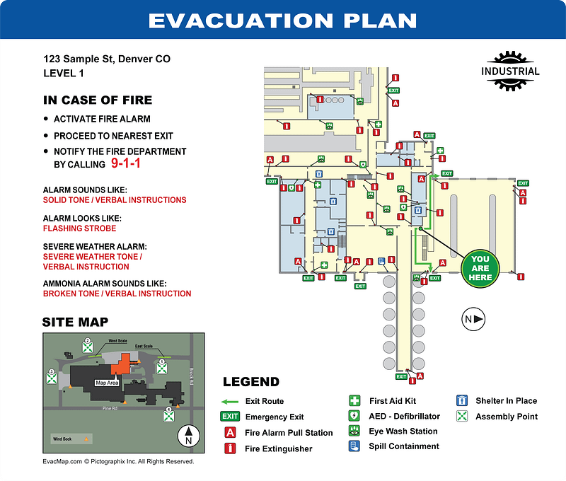Industrial plant evacuation plan featuring ammonia alarm, severe weather alarm, spill containment, shelter in place, and multiple assembly points