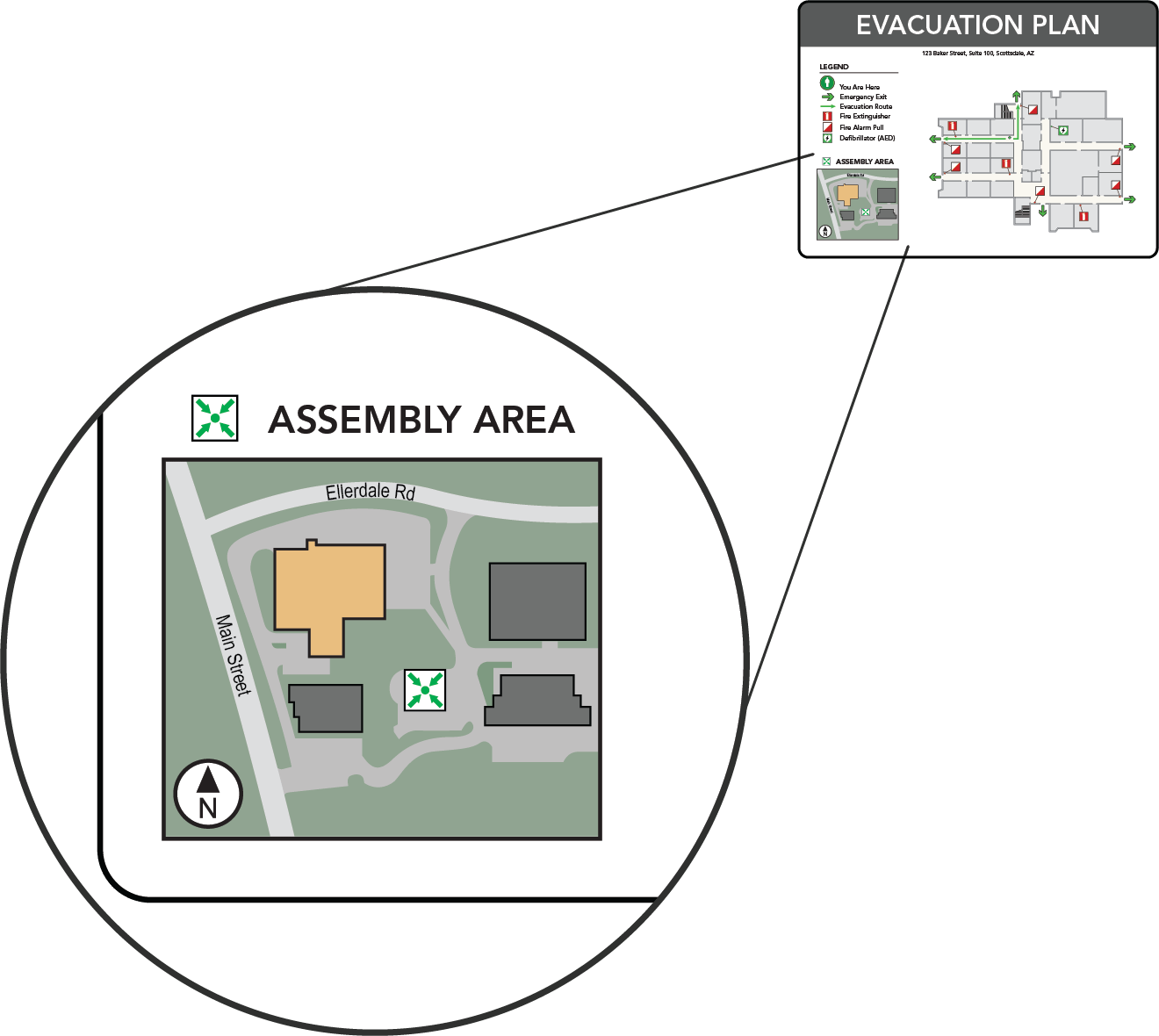 Site map detail showing a building outline with a marked post-evacuation assembly area and directional path