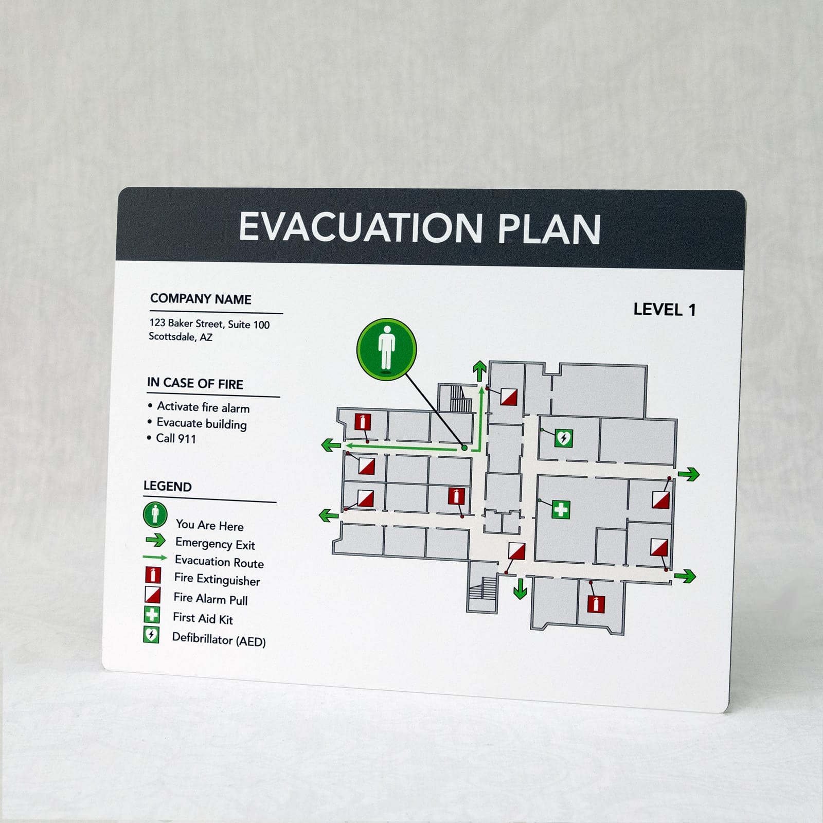 Palboard PVC evacuation map full view showing level 1 floor layout with fire safety icons, AED locations, and emergency procedures