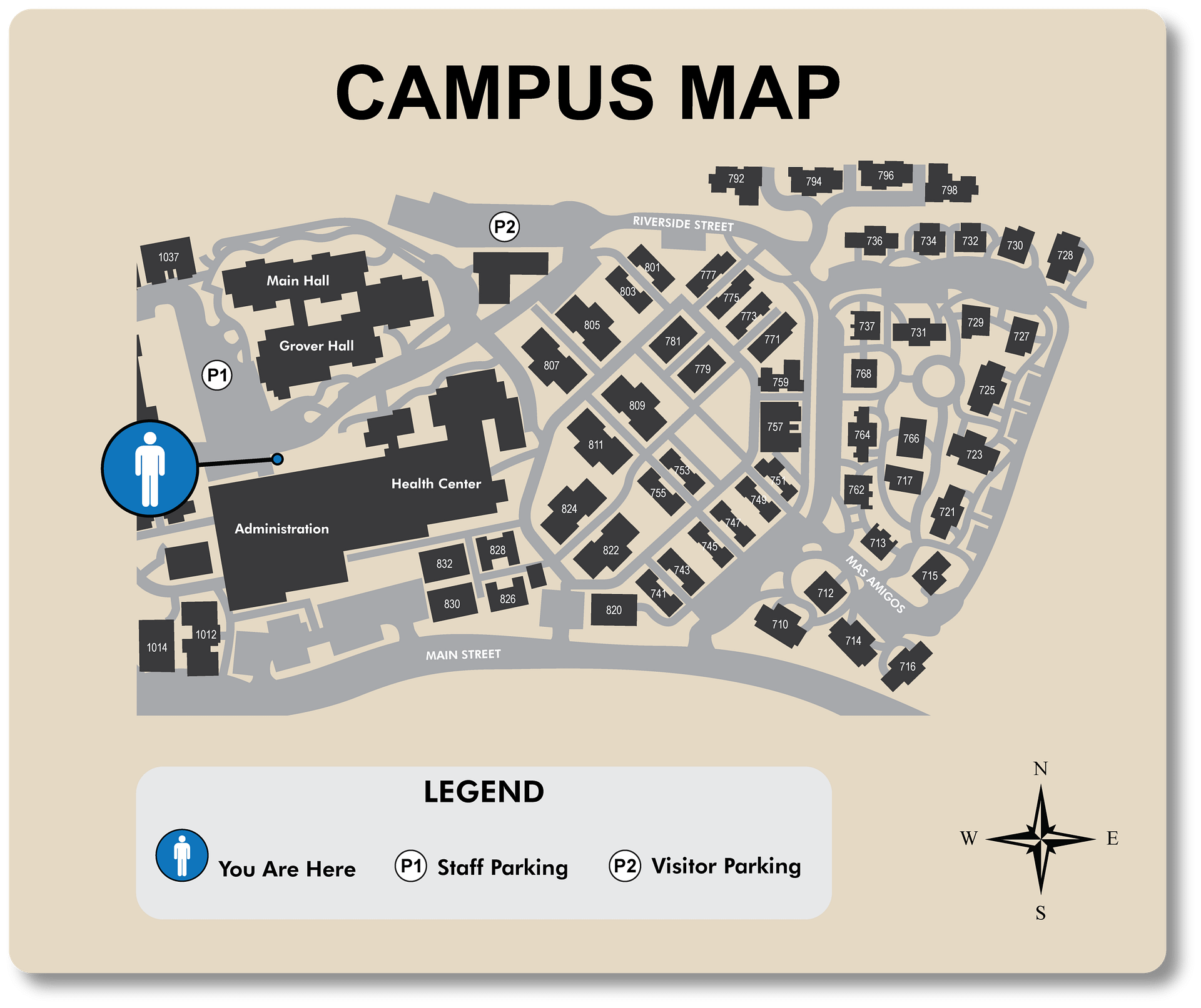School campus wayfinding map showing numbered buildings, Main Hall, Health Center, Administration, parking areas, and you-are-here indicator