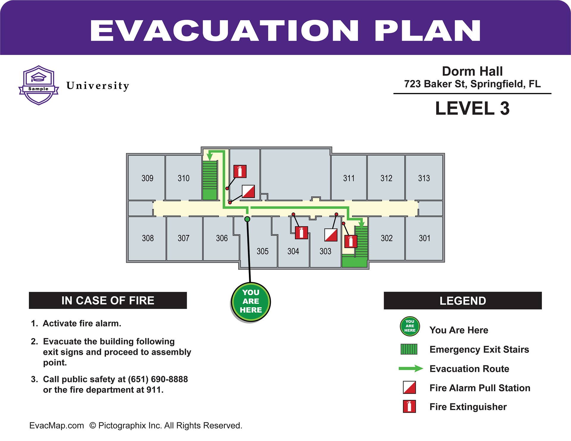 University dorm hall evacuation plan for level 3 with numbered rooms, fire extinguishers, alarm pull stations, and exit stairs